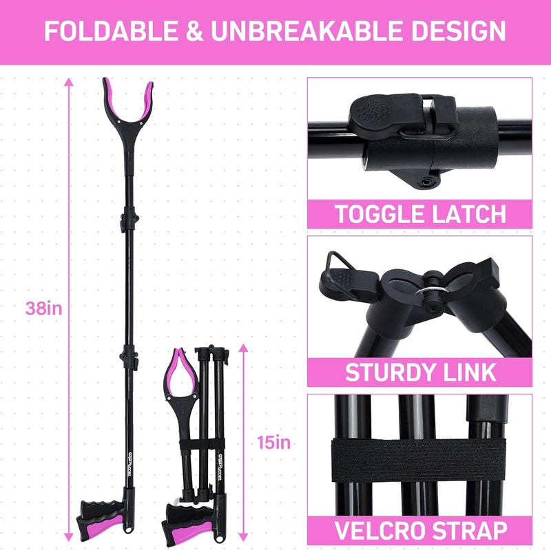 GrabRunner 38" Extra Long Grabber Reacher Tool – 2 Pack Foldable Reacher Grabber Pickup Tools with 360° Rotating Jaw & Magnet - Heavy Duty Pick Up Grabbers for Seniors, Trash, Surgery Recovery (Pink Pink) - Image 2